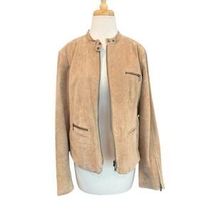 ECRU Suede Tan Collarless Moto Zip Up Jacket Zippered Pockets & Sleeves Size XL